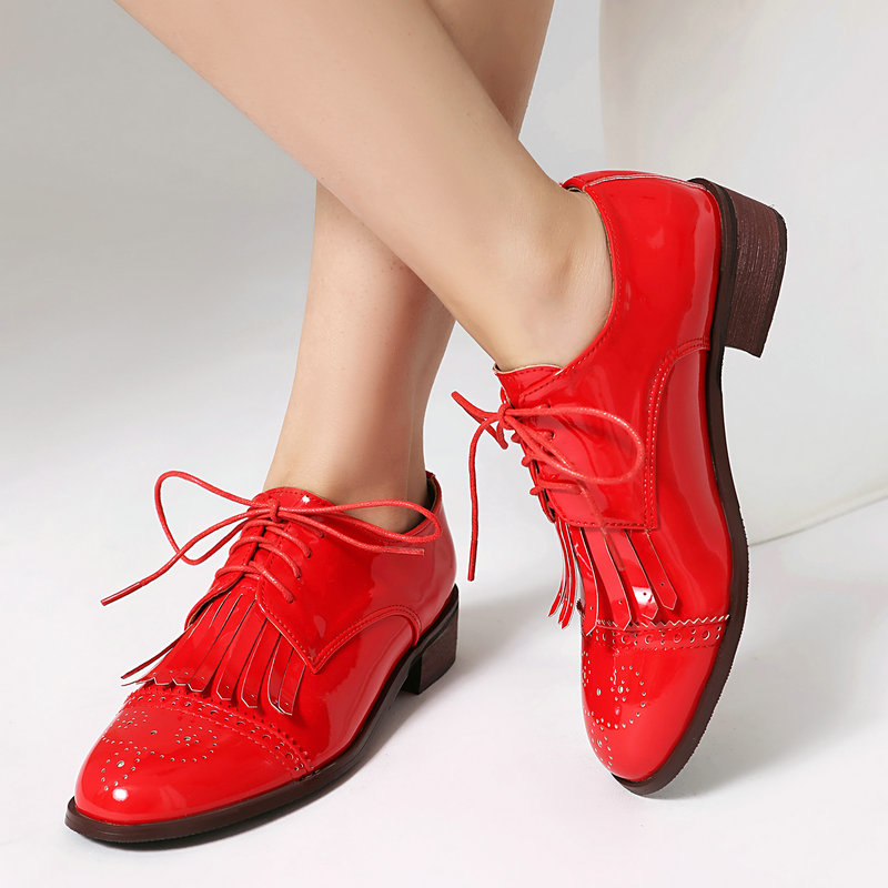 Charol PU cuero rosa verde roj - Oxford Lace Up Women reseña y precio